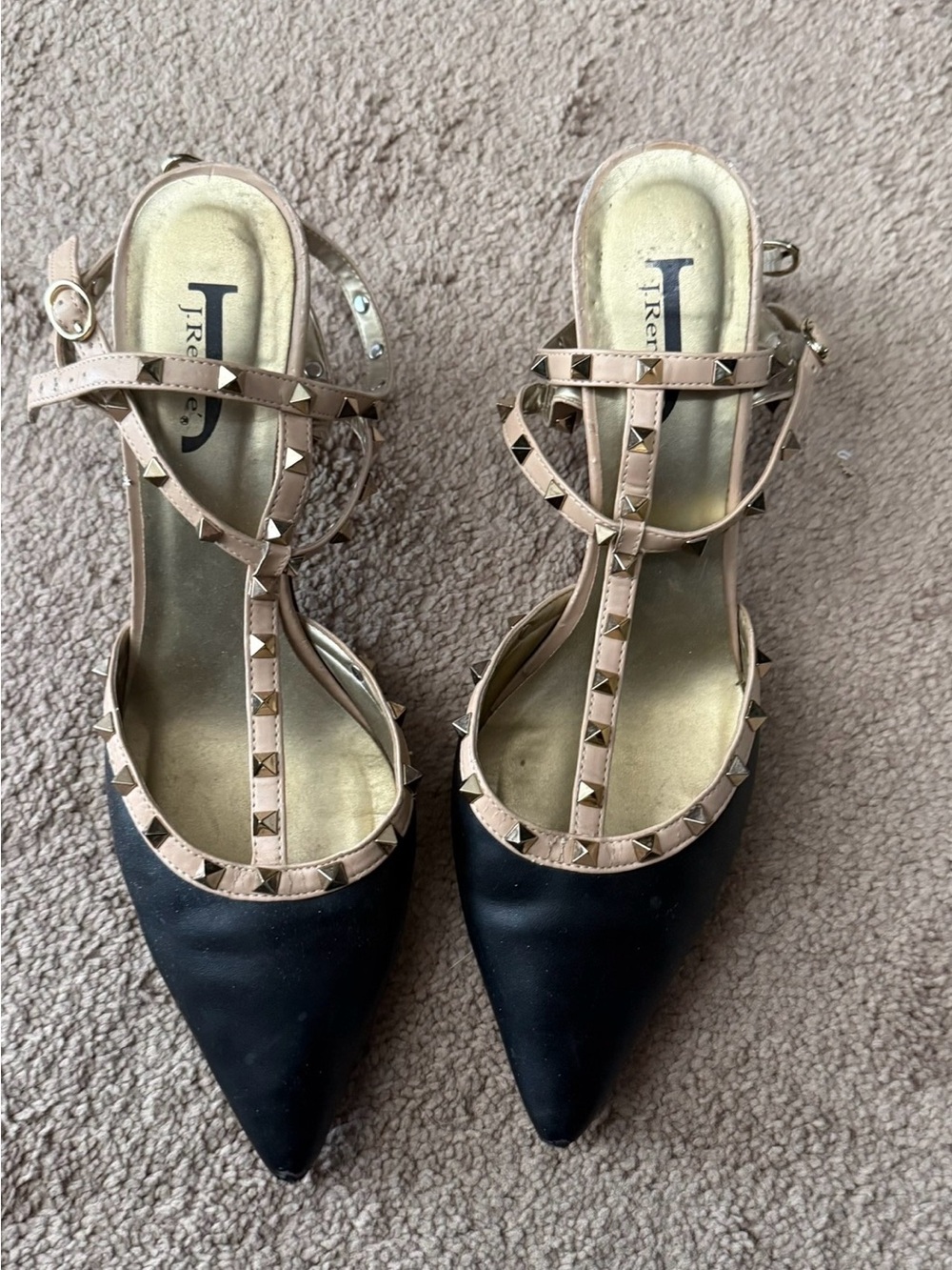 J.Renee Black Pointed T-Strap Pumps with Nude Studded Trim